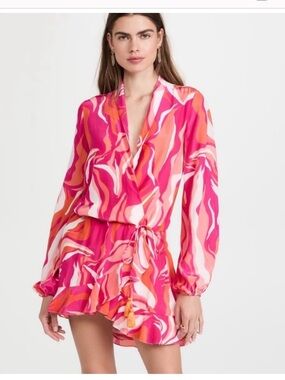 Rococo Sand Emily Pink & Orange Abstract short Wrap Dress NWT